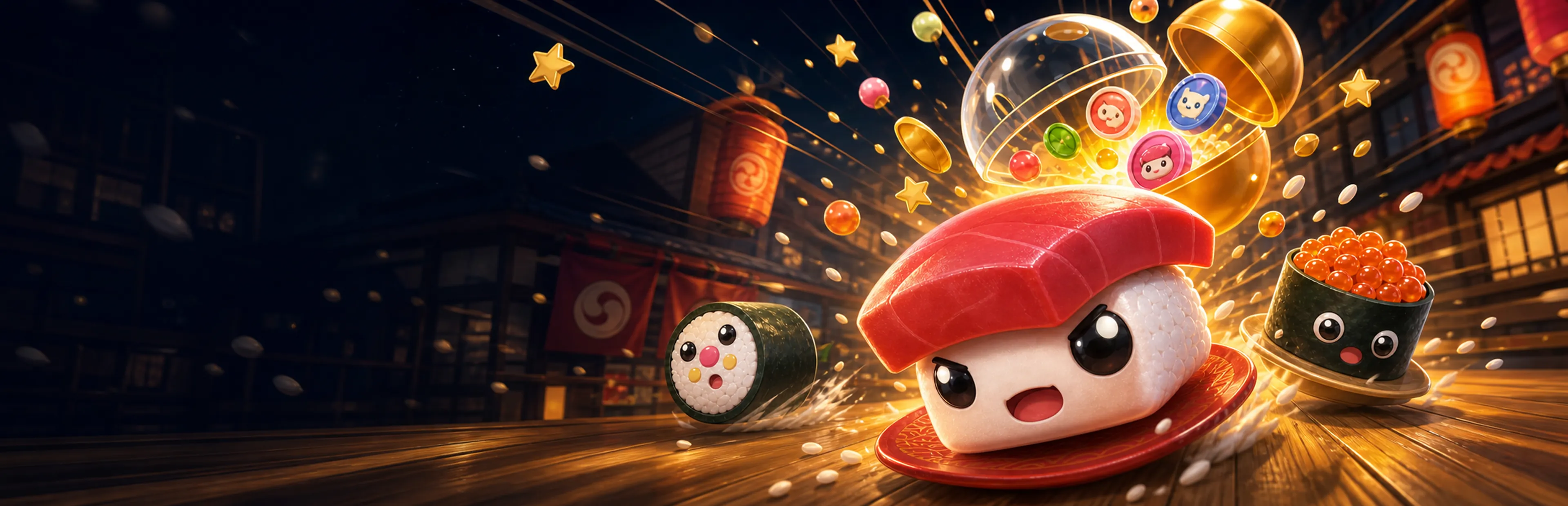 Sushi characters beneath a glowing gacha machine in a lantern-lit restaurant.