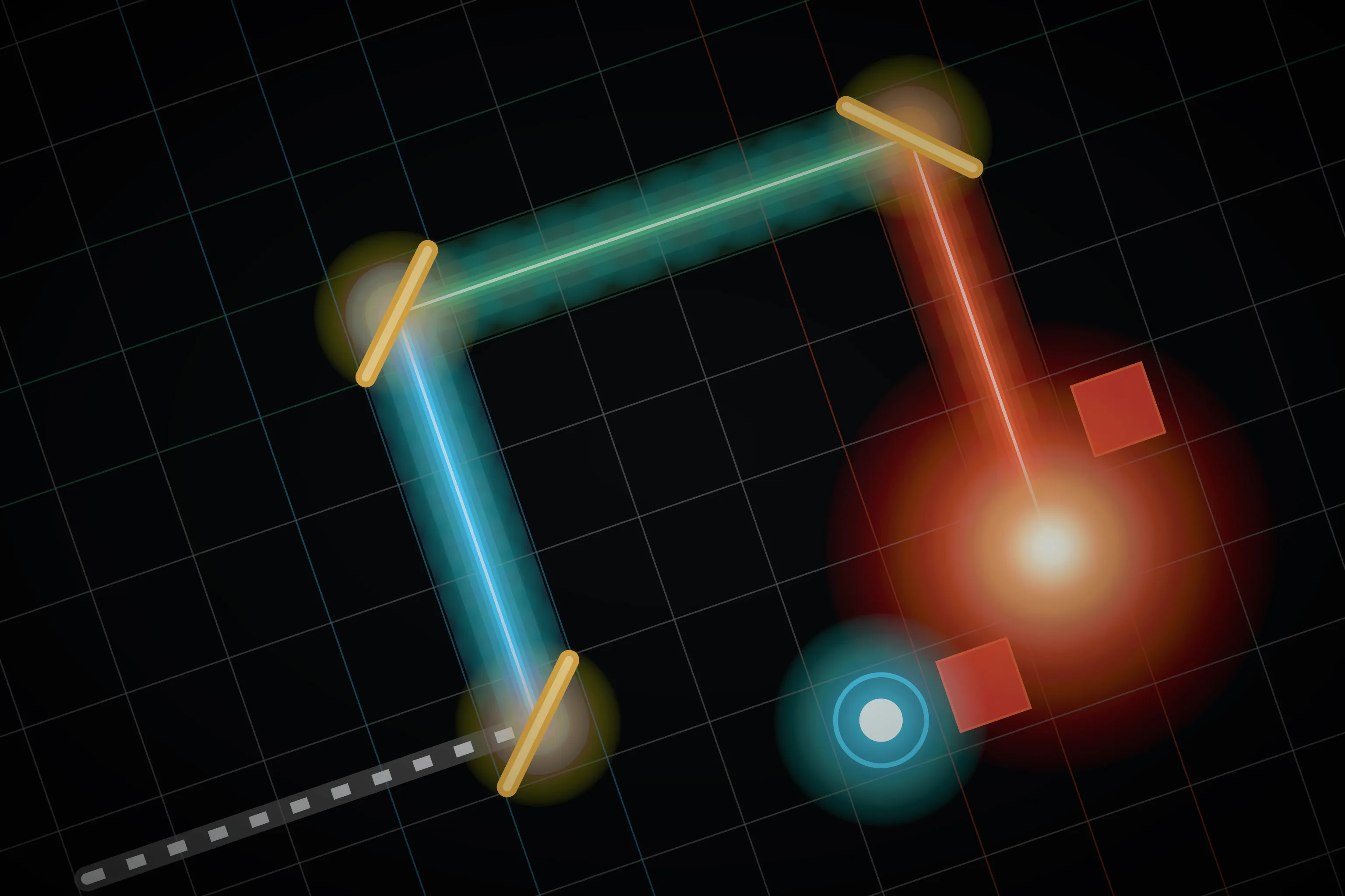 A glowing shot changes colour as it reflects between mirrors on a dark grid.